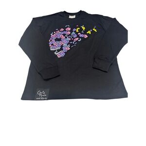 Chris Pyrate and Friends Skull Floral Long Sleeve Black T Shirt Size L (826)